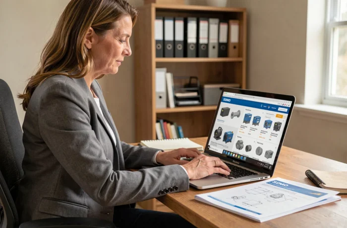 Femme recherchant des pièces détachées fiables pour groupe électrogène SDMO sur un catalogue en ligne