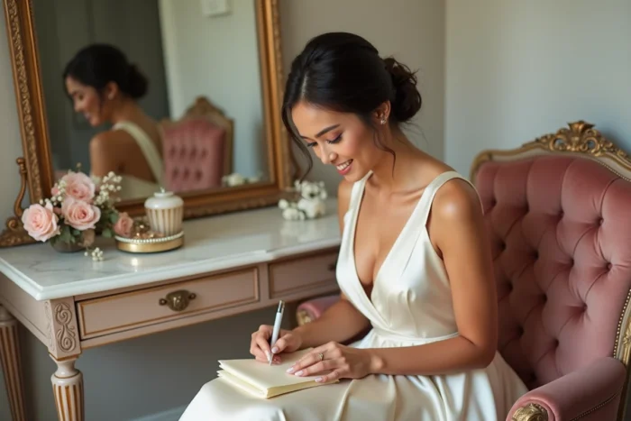 Femme en robe de mariée ivoire rédigeant une lettre de mariage manuscrite devant un miroir ancien