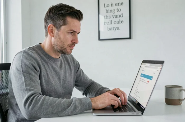 Un homme analyse une seule intention de recherche affichée sur son navigateur pour orienter la rédaction d'un article
