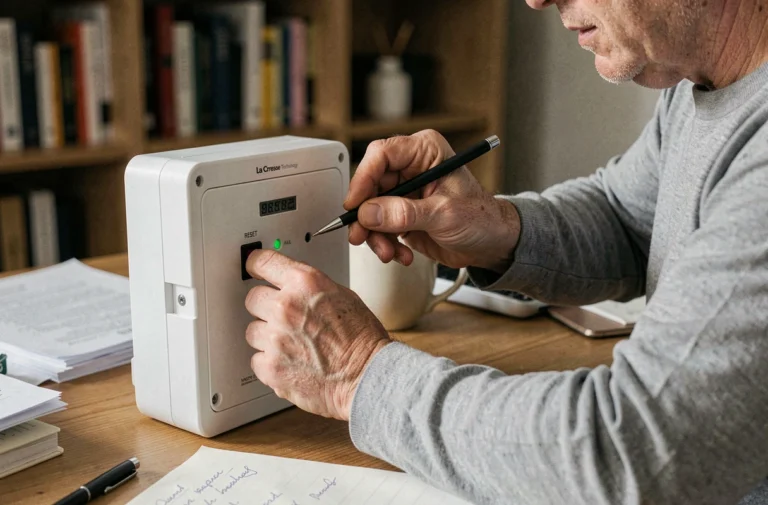 Homme appuyant sur le bouton de réinitialisation d'une station météo La Crosse Technology WS6862 avec un stylo