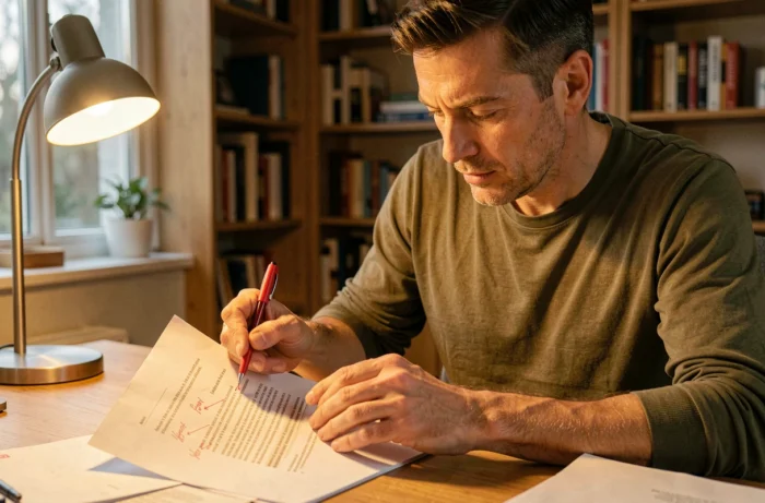 Un homme relit attentivement un article imprimé avec un stylo rouge en main pour corriger avec un objectif précis à chaque lecture