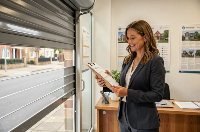 Responsable d'agence immobilière satisfaite devant un rideau métallique réparé par Atlas Dépannage