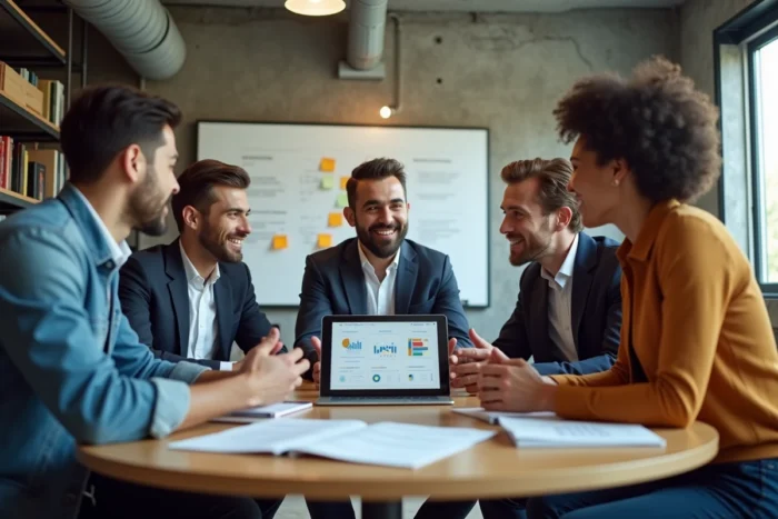 Équipe de professionnels en réunion de stratégie autour d'une table dans un espace de coworking moderne, symbolisant la collaboration et les tendances business actuelles
