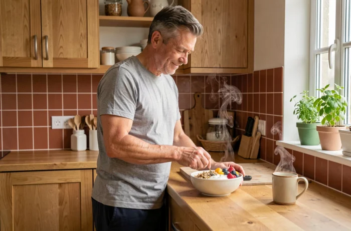 Homme préparant un petit-déjeuner sain et équilibré dans une cuisine naturelle en bois, illustrant les soins quotidiens pour le bien-être