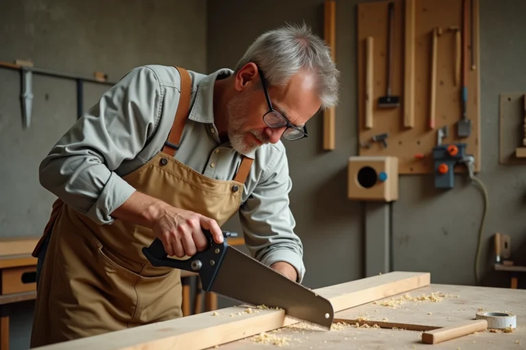 Charpentier expérimenté effectuant une coupe en biais sur une planche de bois avec une scie à main dans un atelier artisanal