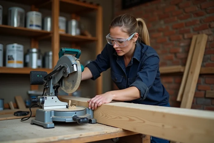 Femme artisan utilisant une scie à onglets pour réaliser une coupe angulaire précise dans une planche de chêne en atelier