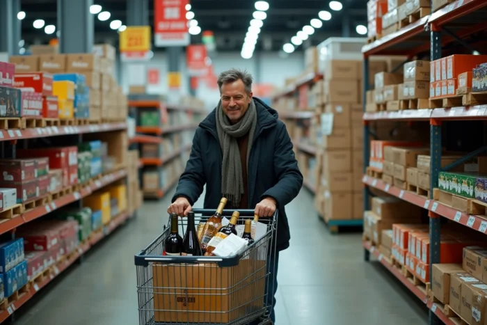 Homme faisant ses courses dans un magasin discount au Pas de la Case avec un caddie rempli de produits détaxés