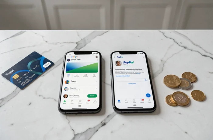 Deux smartphones côte à côte affichant Google Play et PayPal sur marbre blanc pour illustrer un transfert de solde