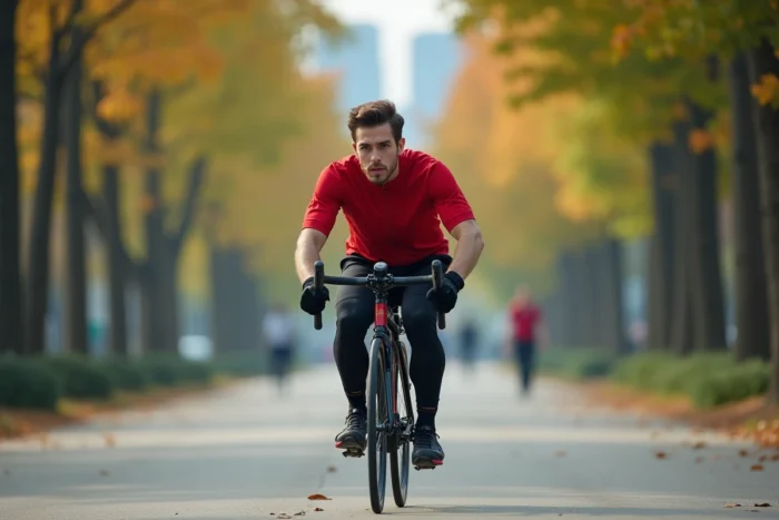 Jeune homme en situation de handicap pratiquant le cyclisme adapté dans un parc urbain