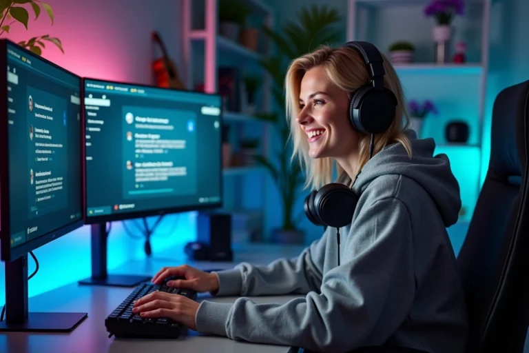 Jeune streameuse Twitch souriante assise devant son setup de streaming professionnel avec double écran et headset