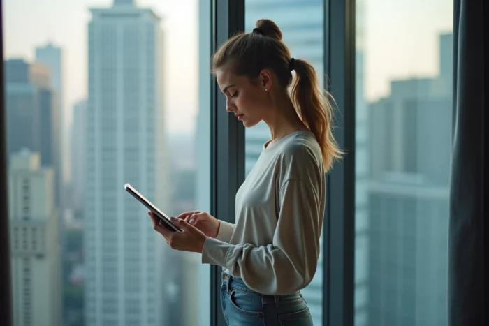 Jeune femme streameuse Twitch consultant ses statistiques de streaming sur tablette près d'une fenêtre urbaine