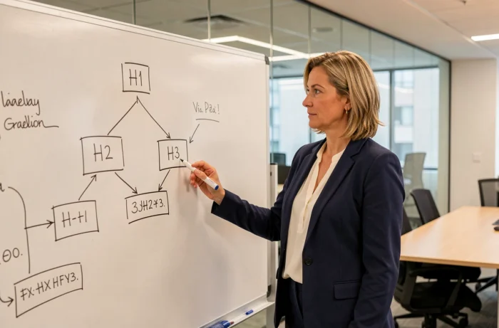 Une femme présente devant un tableau blanc une hiérarchie de titres H1 H2 H3 pour structurer le contenu d'un article