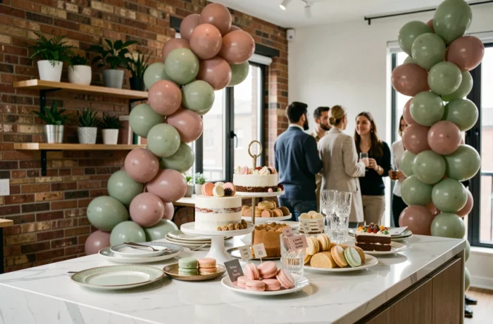 Table de desserts élégante et colorée pour une fête d'anniversaire originale dans un appartement moderne aux accents contemporains