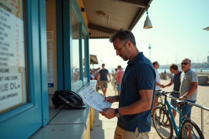 Voyageur consultant les tarifs de traversée en bateau pour Porquerolles avec vélo à la billetterie du port