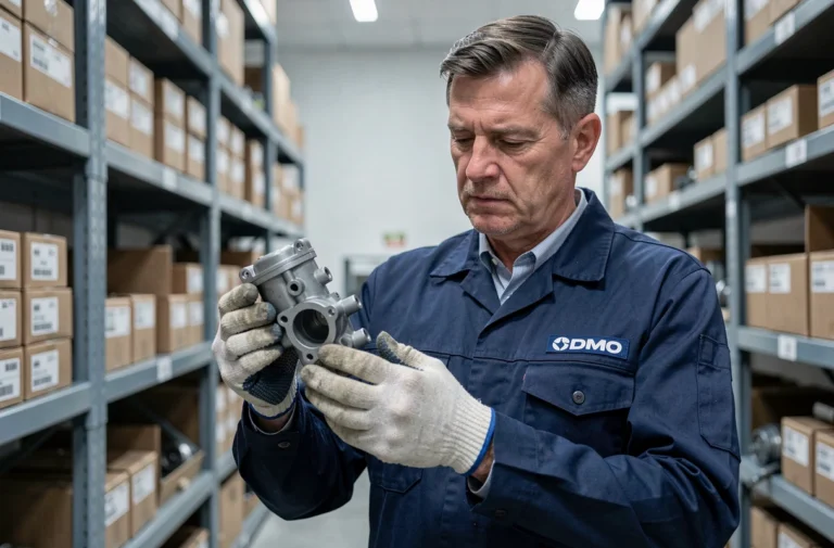Technicien inspectant une pièce détachée pour groupe électrogène SDMO dans un entrepôt de pièces industrielles
