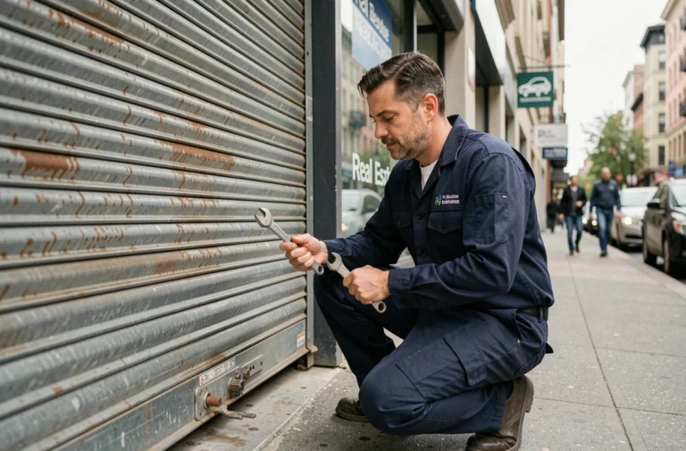 Technicien d'Atlas Dépannage inspectant un rideau métallique devant une agence immobilière en façade urbaine