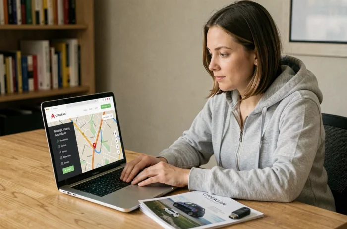 Femme téléchargeant la mise à jour GPS Citroën C4 sur le site officiel depuis son ordinateur portable à domicile