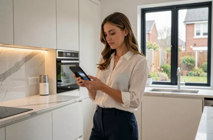 Femme utilisant un smartphone pliable dans une cuisine connectée et intelligente