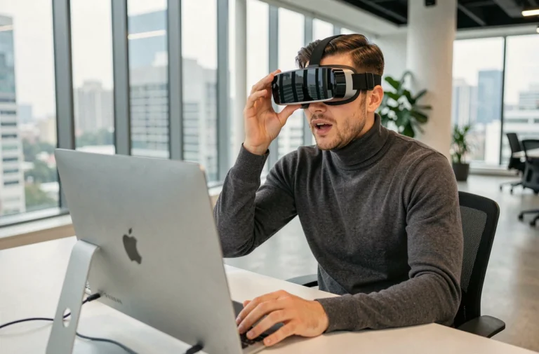 Homme portant un casque de réalité augmentée dans un bureau technologique moderne en 2024