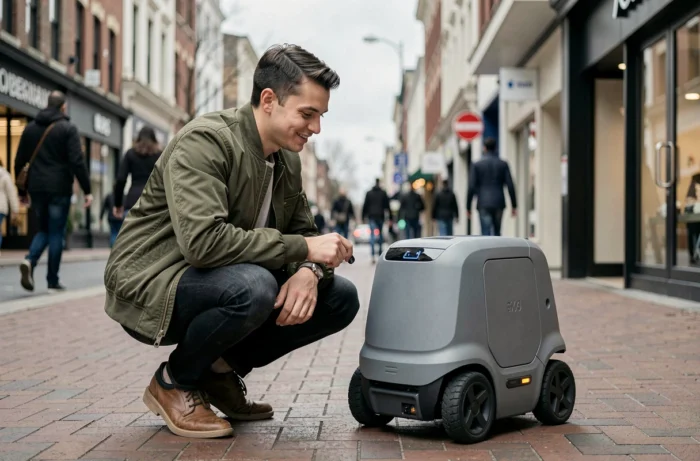 Jeune homme interagissant avec un robot de livraison autonome dans une rue urbaine