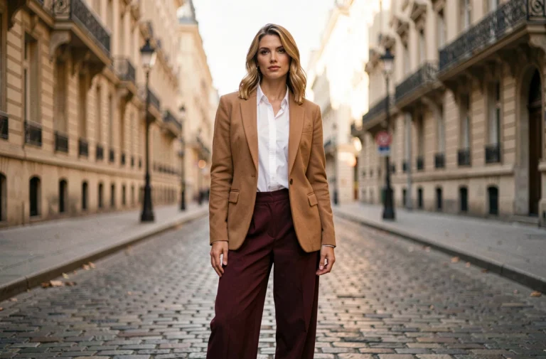 Femme élégante portant un blazer camel et un pantalon bordeaux dans une rue pavée parisienne, tendances mode automne