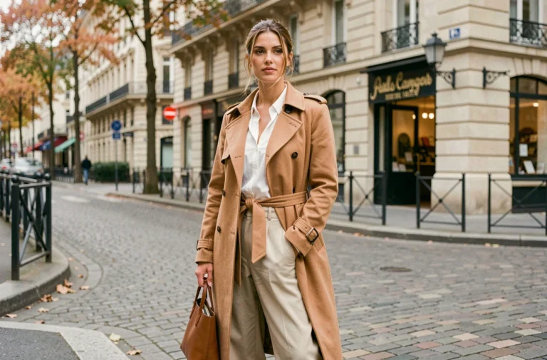 Femme élégante en trench-coat camel sur une rue pavée parisienne, tendances mode automne