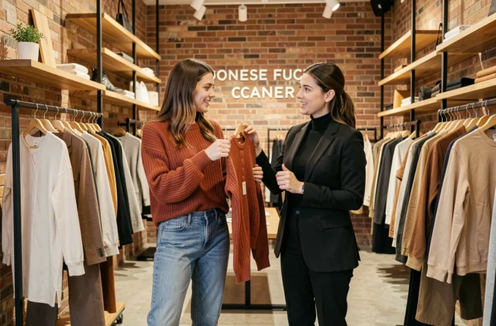 Deux femmes découvrant les dernières tendances vestimentaires dans une boutique concept store moderne