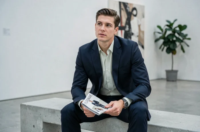 Homme en costume marine dans une galerie d'art contemporaine, style mode masculine tendance