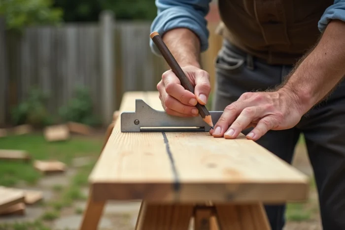 Gros plan sur les mains d'un artisan traçant une ligne de coupe en biais sur une poutre en pin avec une équerre dans un jardin