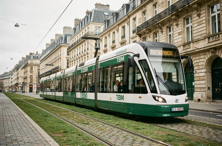 Tramway moderne de Bordeaux circulant sur un boulevard urbain avec des bâtiments haussmanniens en arrière-plan