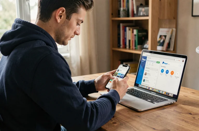 Homme utilisant son smartphone pour transférer son solde Google Play vers PayPal sur un bureau à domicile