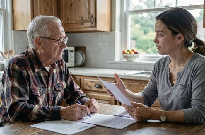 Un travailleur social accompagne un homme âgé dans ses démarches administratives à son domicile pour l'accès aux services aux seniors