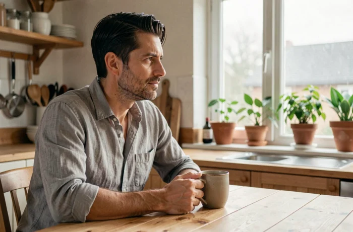 Homme assis dans une cuisine chaleureuse tenant une tasse de café, ambiance intimiste de vie privée