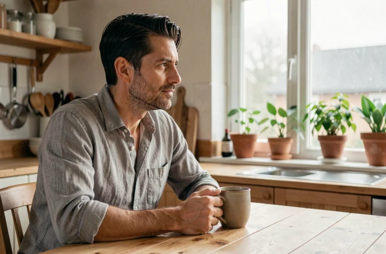 Homme assis dans une cuisine chaleureuse tenant une tasse de café, ambiance intimiste de vie privée