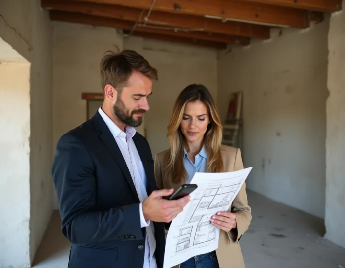 Couple évaluant le potentiel d'un appartement à rénover à Lyon lors d'une négociation immobilière