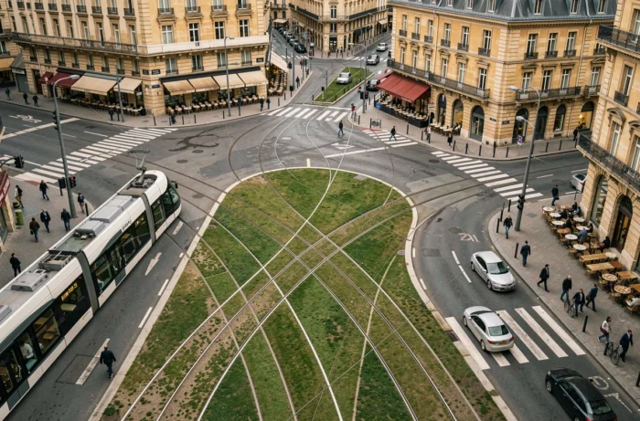 Vue aérienne d'un carrefour du réseau de tramway de Bordeaux avec croisement de lignes