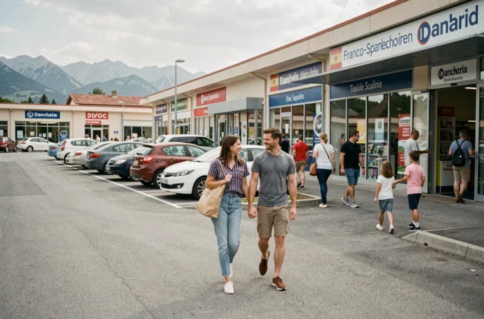 Couple se rendant dans les magasins ouverts le dimanche dans la zone commerciale de Dancharia