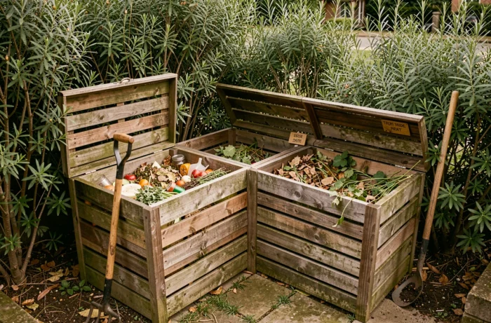Zone de compostage intégrée au fond du jardin avec deux bacs en bois et déchets organiques en décomposition